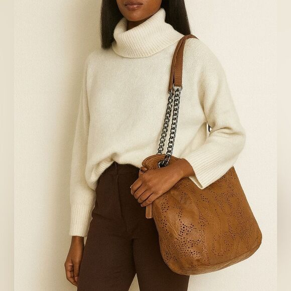 Crown Vintage Tan leather hobo shoulder bag Tote - Picture 1 of 13